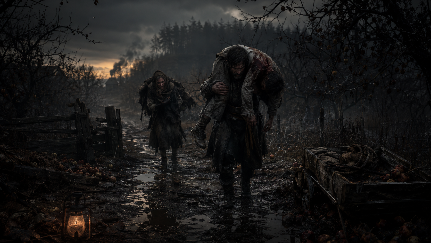 Villagers carrying an injured person through a ruined orchard